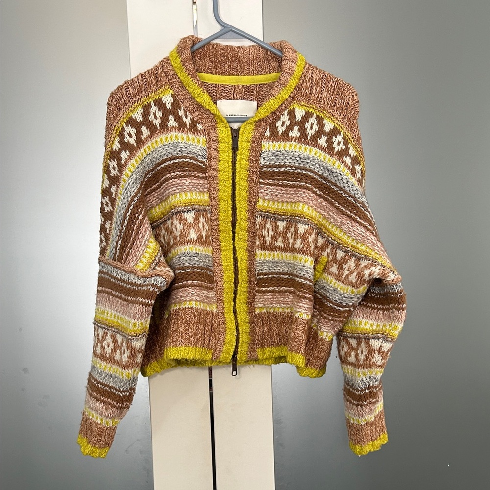 Anthropologie Brown and Yellow Patterned Cardigan Zip Front Weighty Knit.
